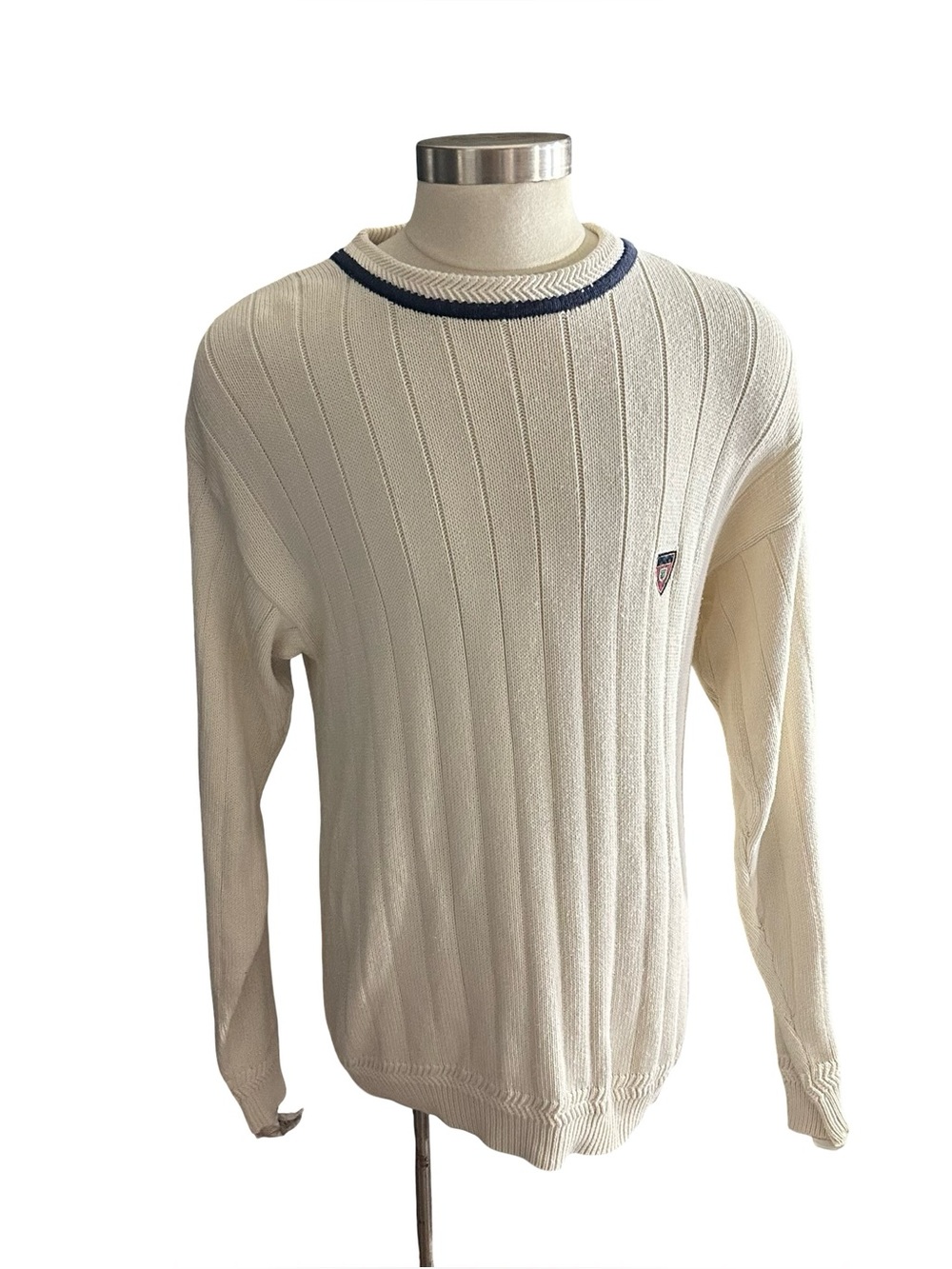 Vtg Gant Sweater Cream Ribbed Knit 100% Cotton Crewneck Sz XLT 90s Hand Framed